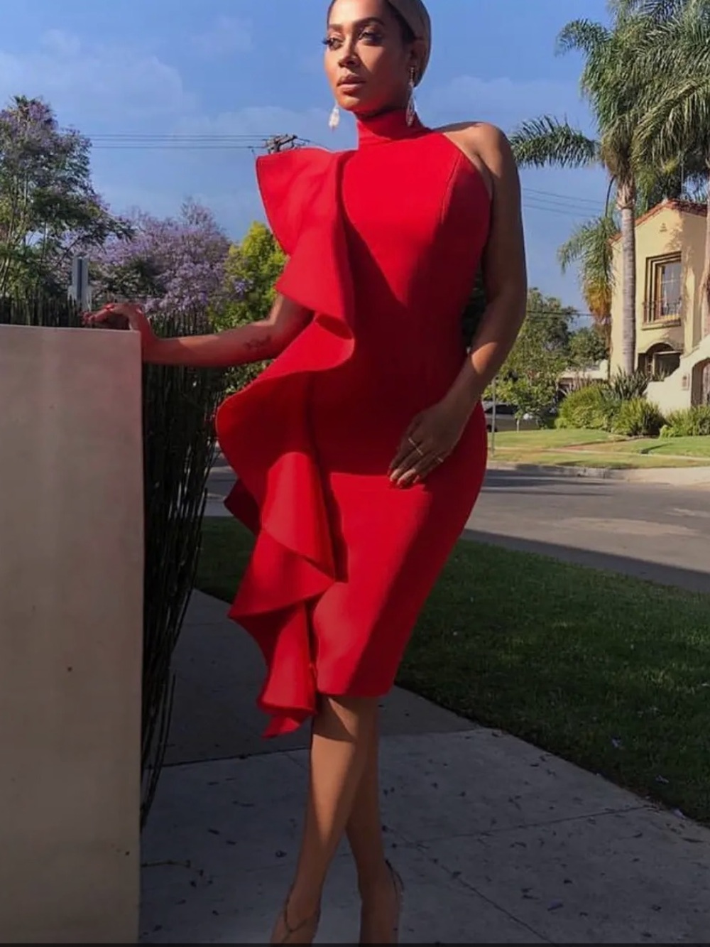 NWT Jovani 60297 Scuba Cocktail Dress Tomato Red One-Shoulder Ruffle Midi 12